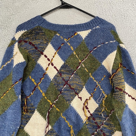 Zara Cardigan Sweater Womens Large Blue Argyle Button Front Patchwork Grandpa - Picture 13 of 15